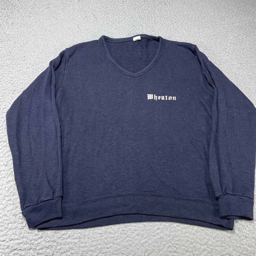 Vintage Champion Sweater Mens Medium Blue‎ Wheaton V Neck Knit Pullover USA 80s